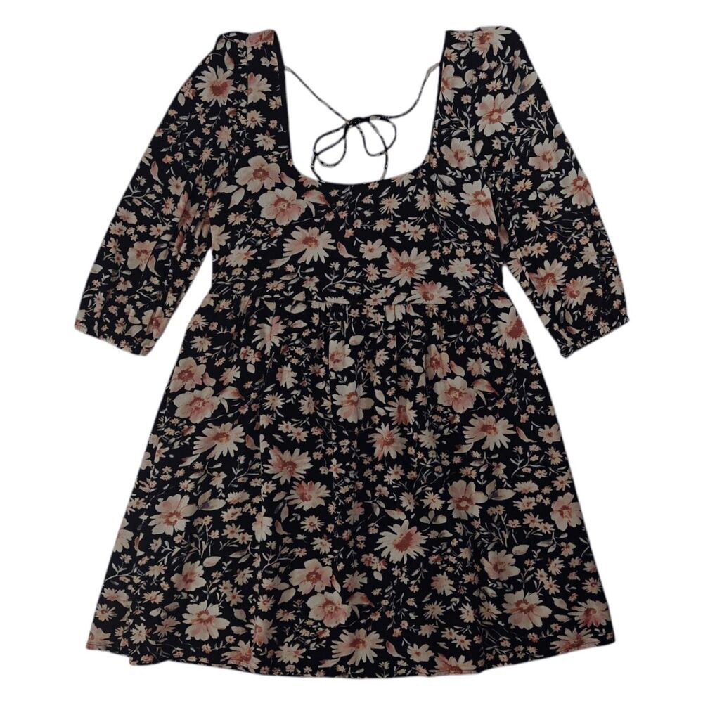 American Eagle Black Floral Chiffon XS Babydoll Dress Boho Fairy Black Pink AEO